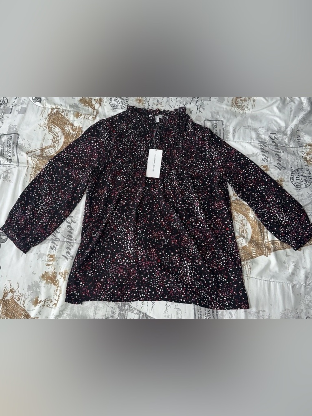 NWT Carolina Belle Confetti Ruffle Collar Blouse Size S Black Lightweight Top